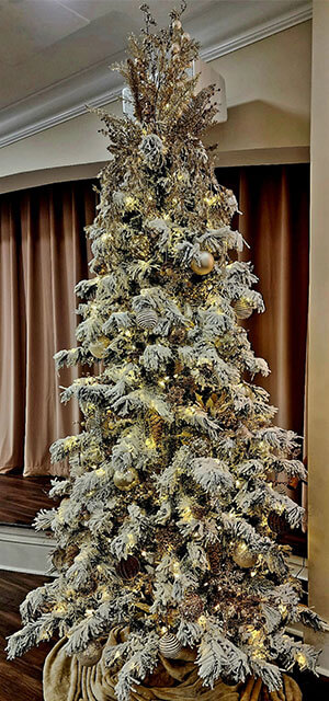 decorated snow-flocked tree